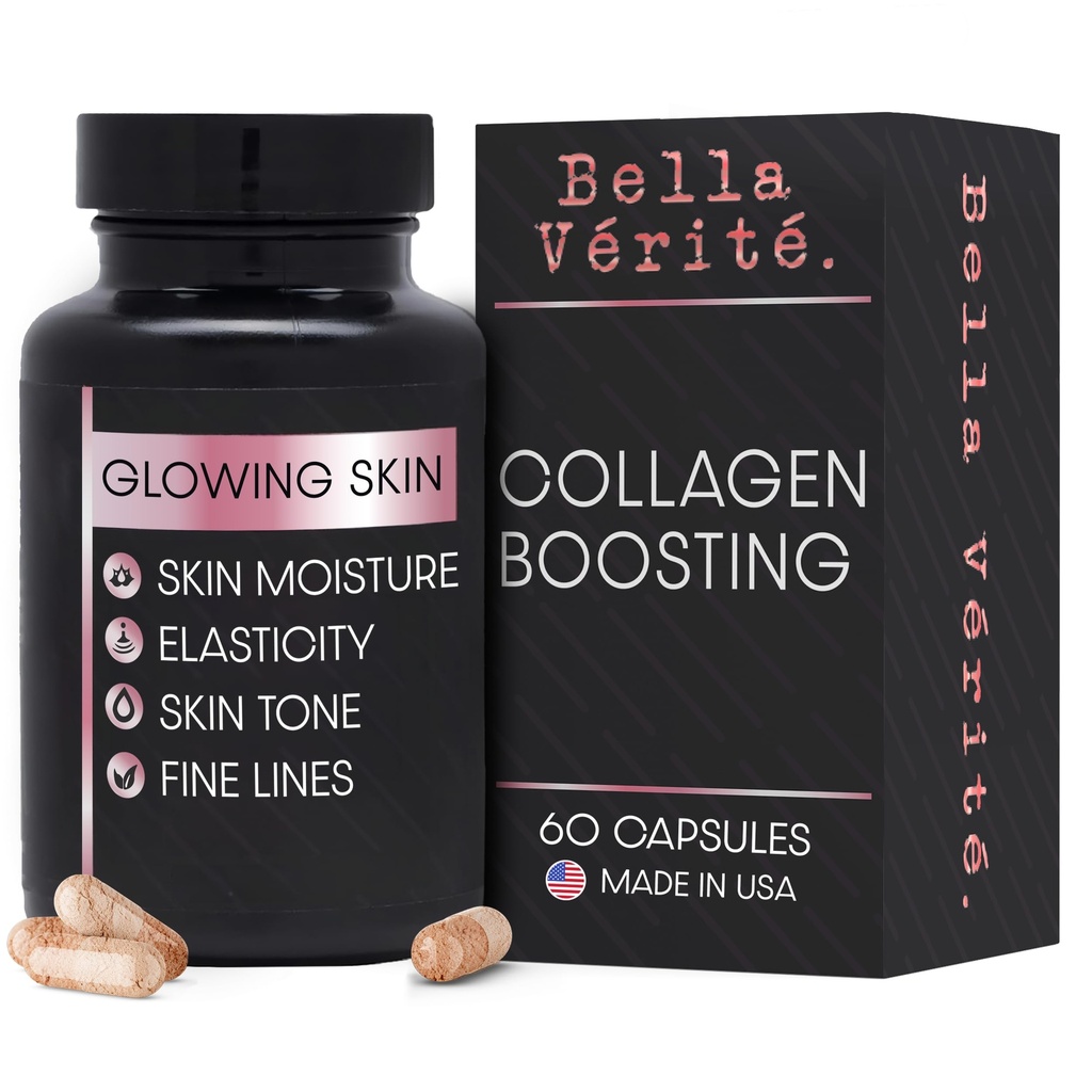 Bella Vérité Daily Collagen Supplement for Women & Men - ויטמינים חיוניים עבור מתחם לנוער, רדנט מורכבות ובריאות כללית - תמיכה Glowing & Smooth Skin, להפחית Wrinkles & יבשה (60 קפסולות)