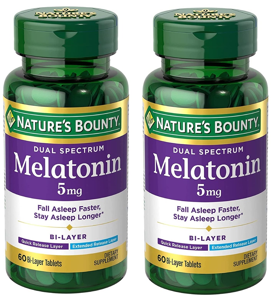 Nature's Bounty Melatonin 5 מ"ג מפרט כפול, 100% מזון חינם שינה תוספת, שחרור מהיר ושחרור מורחב, קידום מרגיעה ובריאות שינה, 60 טבליות B-Layer (Pack of 2)
