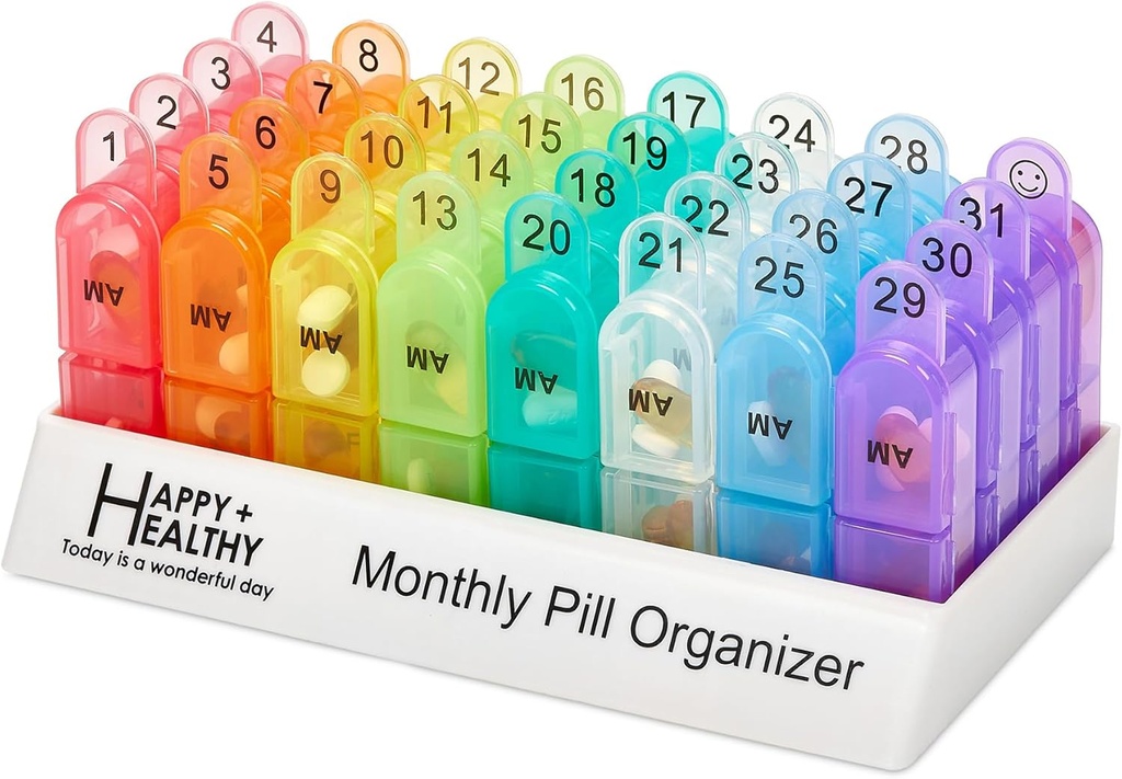 מארגנת גלולות חודשיות 2 פעמים ביום, 30 יום Pill Box AM PM, בוקר ו Night One חודש גלולות Box מארגנת עם Daily Removable 31 Day Pill ארגן וארגן טריי