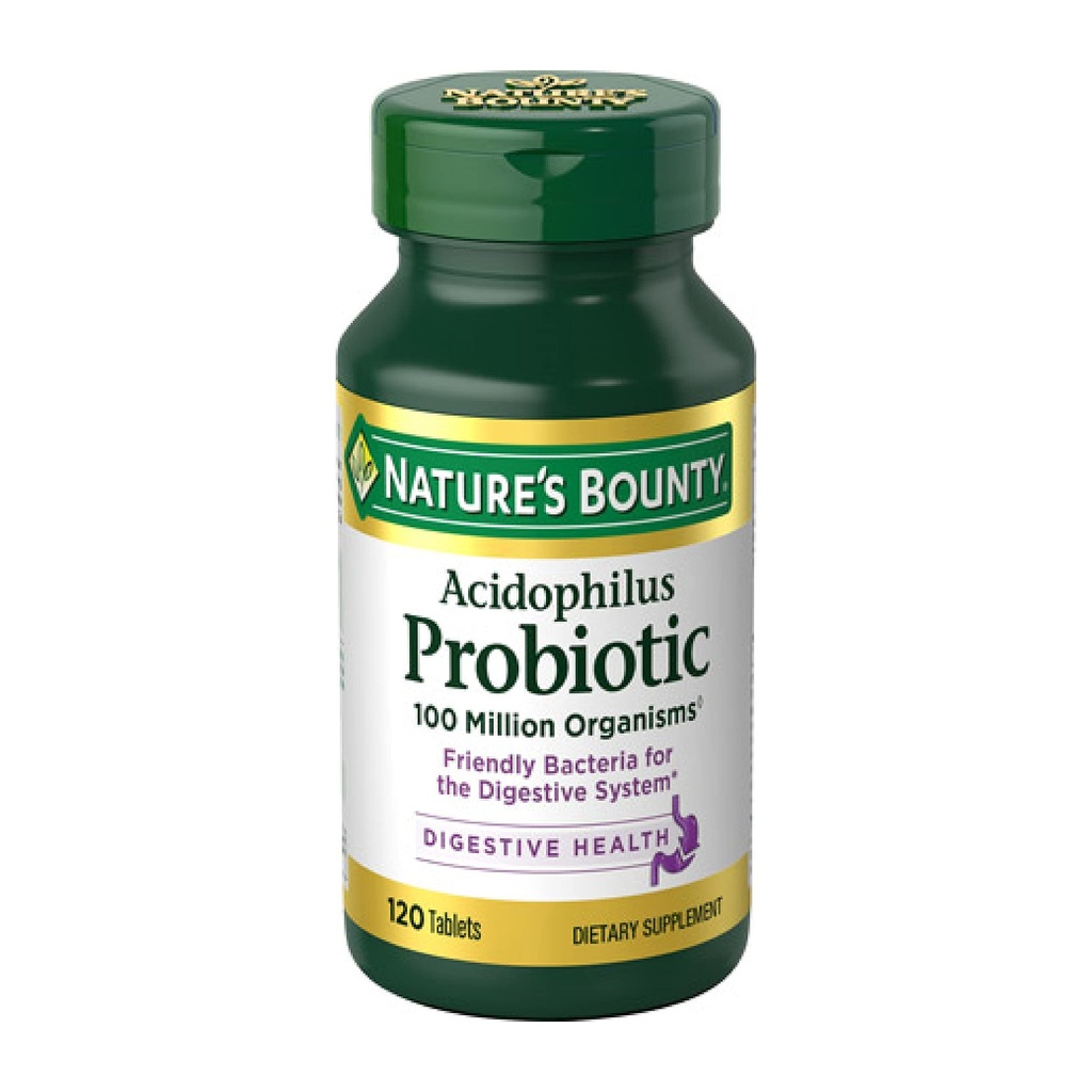 Nature's Bounty Lactobacillus Acidophilus Probiotic Supplement - Daily Probiotic for Women/Men Digestive Health, 100 מיליון אורגניזמים, Vegetarian, 1 משרת ליום, 120 טבליות