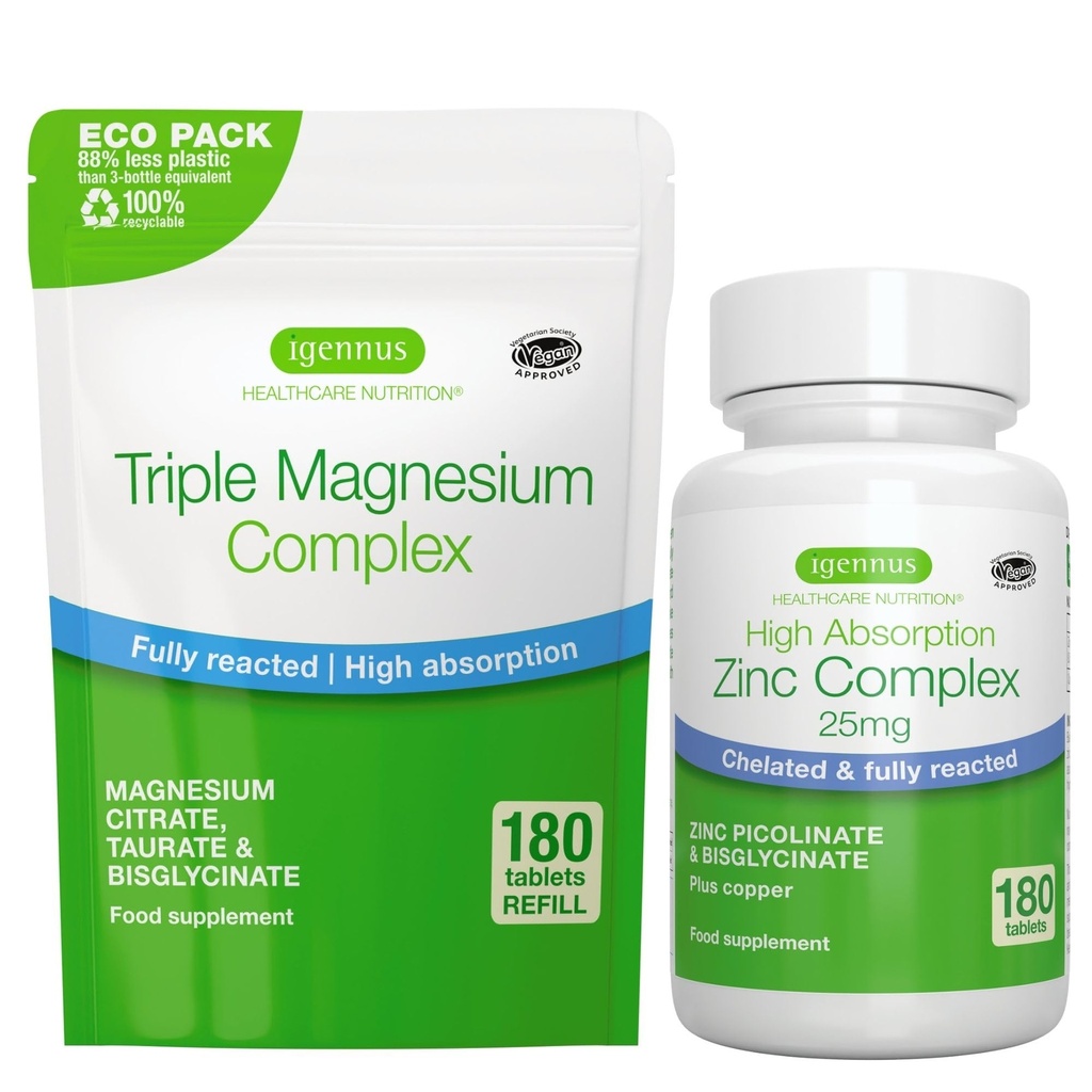 משולש Magnesium Complex 180 טבליות + Zinc Complex Grodle, High Absorption Chelated Magnesium + 25 מ"ג Chelated Zinc Picolinate & Bisglycinate עם Copper, על ידי Igennusssssssss