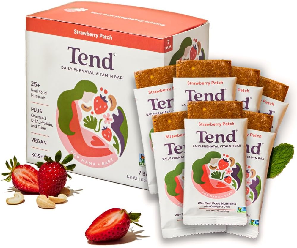 Tend Daily Best Prenatal ויטמין Bar, Made with Organic Ingredients for הריון & Postpartum Mothers, כולל DHA, ויטמין D, B, Choline, Folate, Sunflower Lehin - Strawberry Patch (7ct)