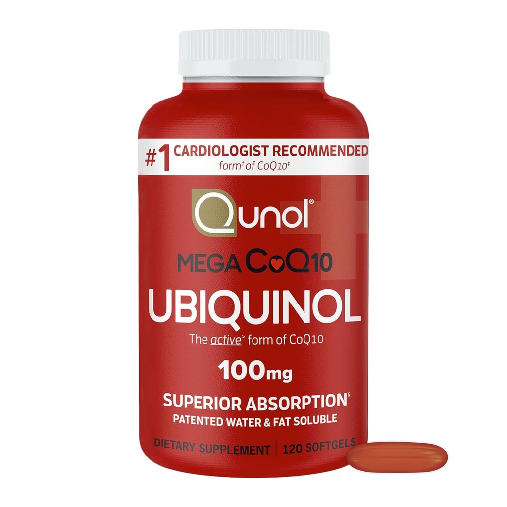 Qunol Mega Ubiquinol CoQ10 100 מ"ג, תוספת גבוהה, מים פטנט ושומן Soluble טבעי תוספת של Coenzyme Q10, Antioxidant לבריאות הלב, הרוזן 120 (Pack של 1) Softgels