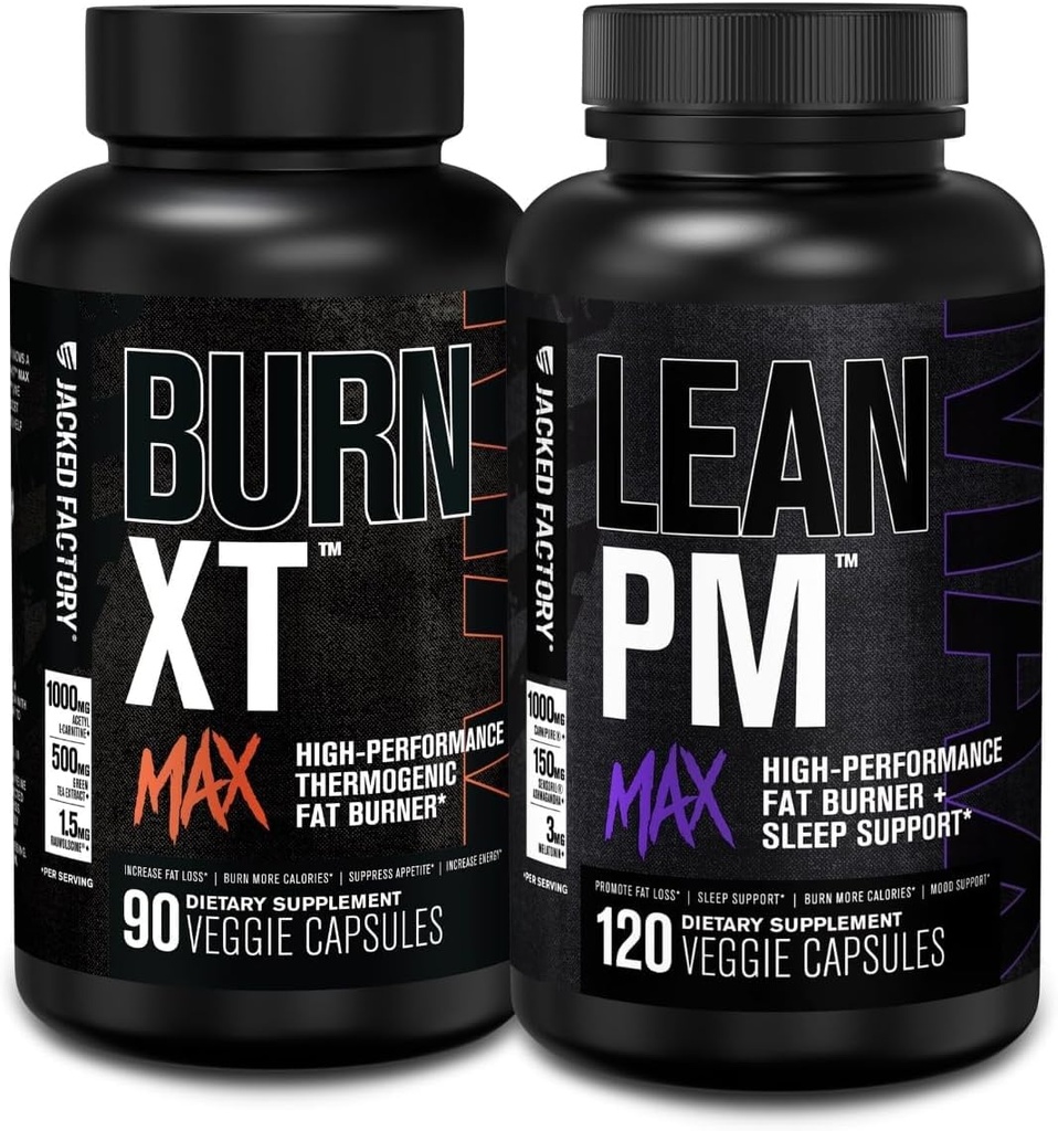 Jacked Factory Burn-XT Max - Thermogenic Fat Burner & Appetite Suppressant (90 קפסולות) & Lean PM Max High-Performance Weight Loss, Fat Burner ו- Appetite Suppressant (120 קפסולות)