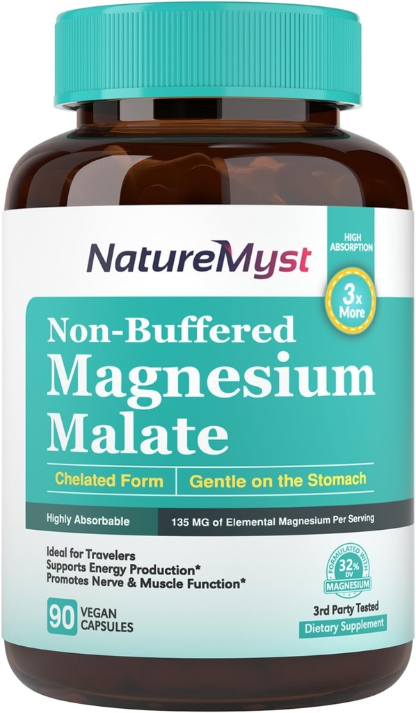 Magnesium Malate, Chelated Form, Highly Absorbable, non-Buffered, Gentle על Stomach, עבור מבוגרים וילדים, דוזה גמישה, ייצור אנרגיה, פעילות עצבית ושרירים, 90 קפסולות טבעוניות טבעוניות
