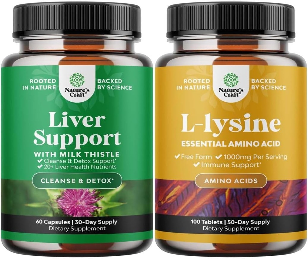 Bundle של חלב Thistle Liver תומך תוסף ו L Lysine 1000 מ"ג תוספי תזונה - Herbal Liver תוספת עם Silymarin Milk Thistle - L-lysine Essential Amino Acids תוספת