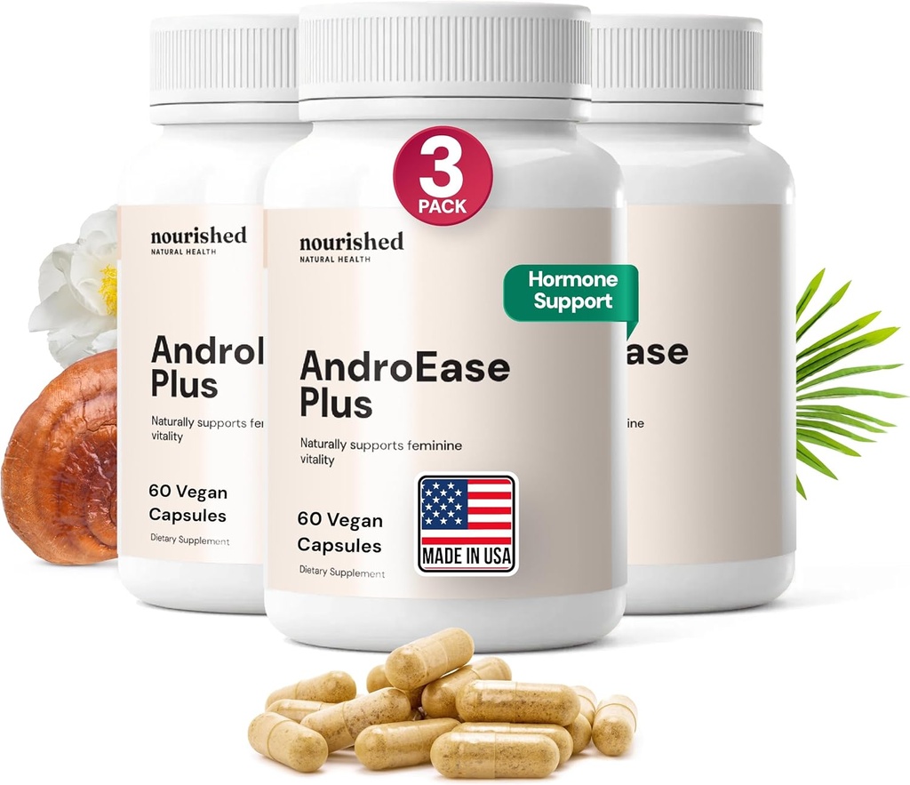 Nourished AndroEase Plus - תוסף איזון טבעי עבור נשים - פורמולה טבעונית עם Zinc & Saw Palmetto - 180 קפסולות עבור Daily Wellness & Vitality - Made in USA
