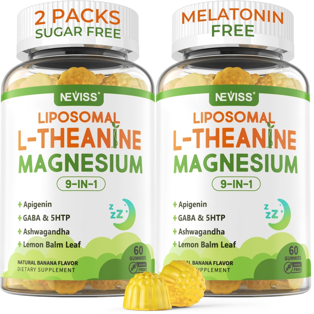 Liposomal L-theanine 200 מ"ג מגנזיום Glycinate 400 מ"ג חניכיים עם GABA, 5HTP, Apigenin, B6 & D3, Ashwagandha, לימון Balm Leaf, Melatonin Free Sleep Chewable כדי להירגע Mood & שריר, 2 Packs