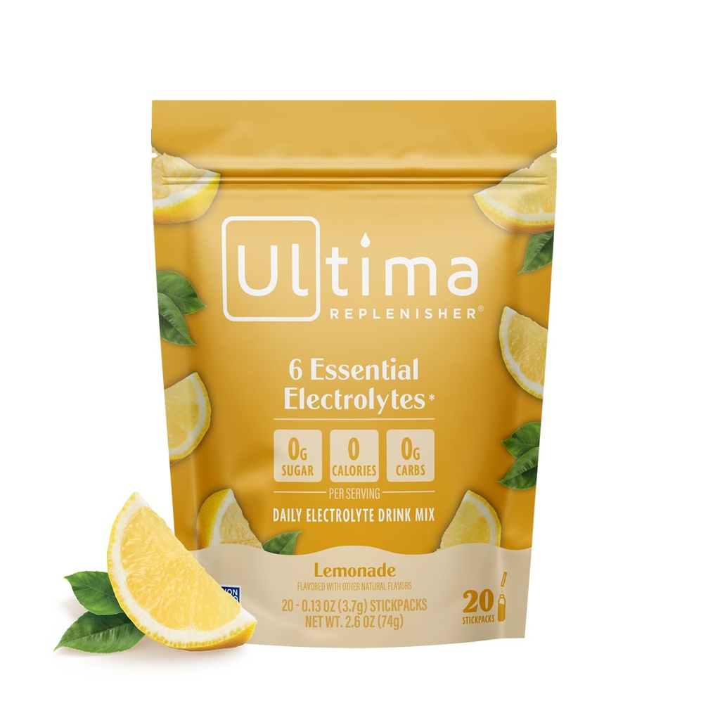 Ultima Replenisher Daily Electrolyte אבקת משקאות Mix - סוכר חינם - Lemonade, 20 Stickpacks - hydrotion Packets עם 6 Key Electrolytes ו- Trace מינרלים - Keto Friendly, טבעוני, non-GMO