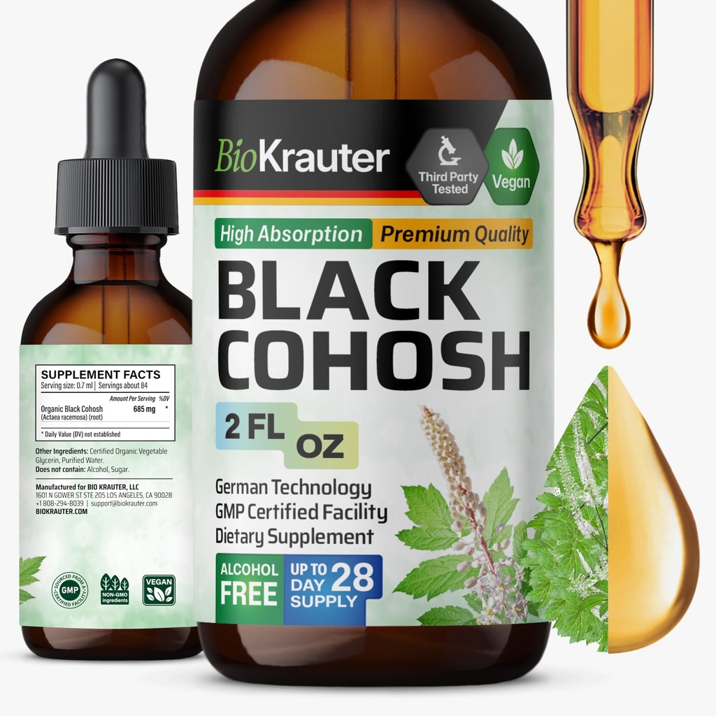 BIO KRAUTER Black Cohosh Root Tincture - טבעוני שחור Cohosh תוספי נשים תמיכה - אלכוהול וסוכר חינם - 2 Fl.Oz.
