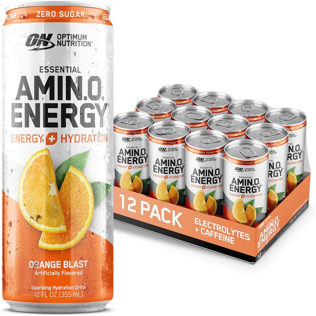 Optimum Nutrition Amino Energy Sparkling hydrotion לשתות, אלקטרוליטים, קפאין, Amino Acids, BCAAs, סוכר חינם, כתום Blast, 12 Fl Oz, 12 Pack (Packaging May Vary)