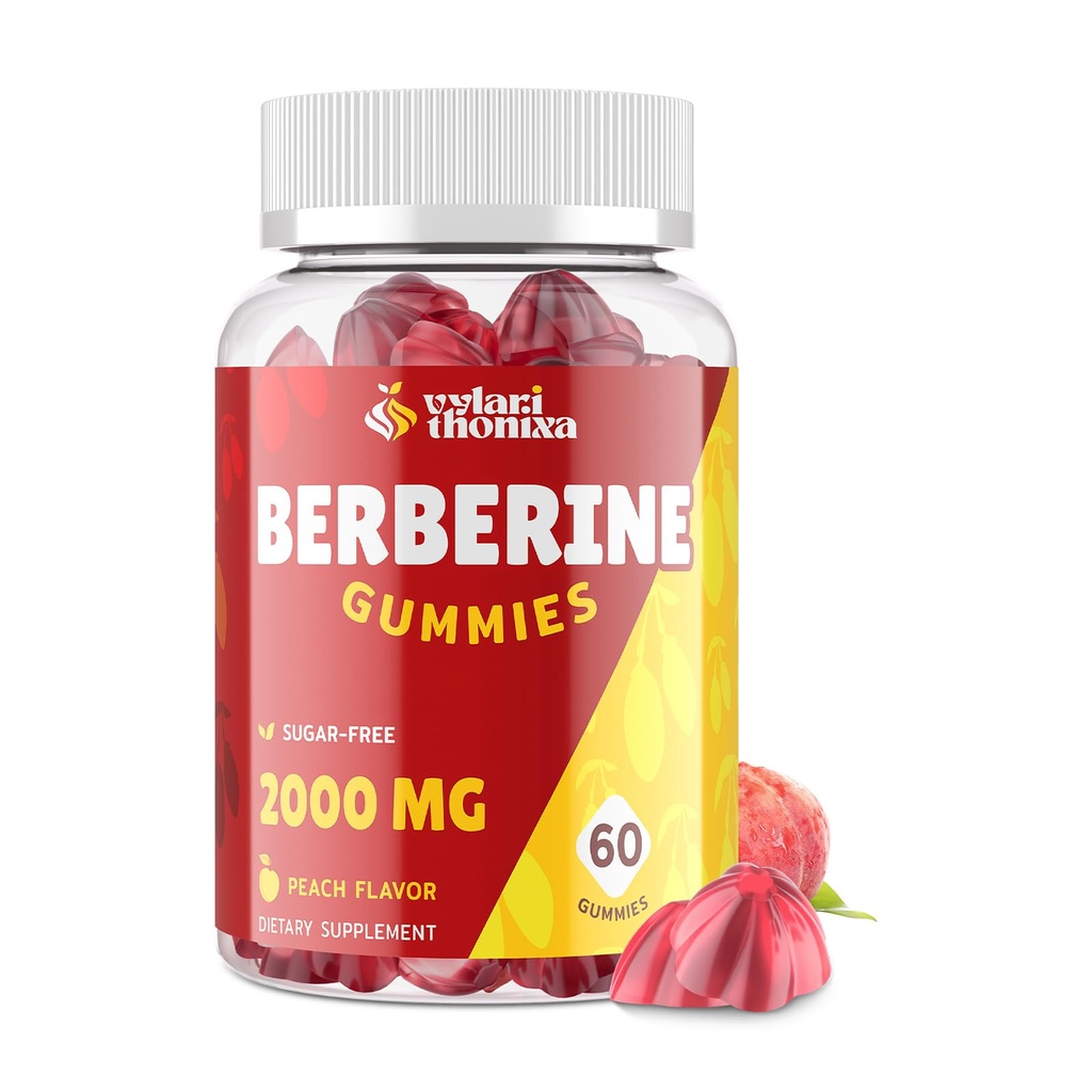 2000 מ"ג ברברין תוספת חניכיים - High Potency Berberine עם Ceylon Cinnamon Candy, Turmeric, Magnesium, Chromium - Sugar Free, Vegan, non-GMO, Gluten-Free - Peach Flavor 60 מסטיק - 1 Pack