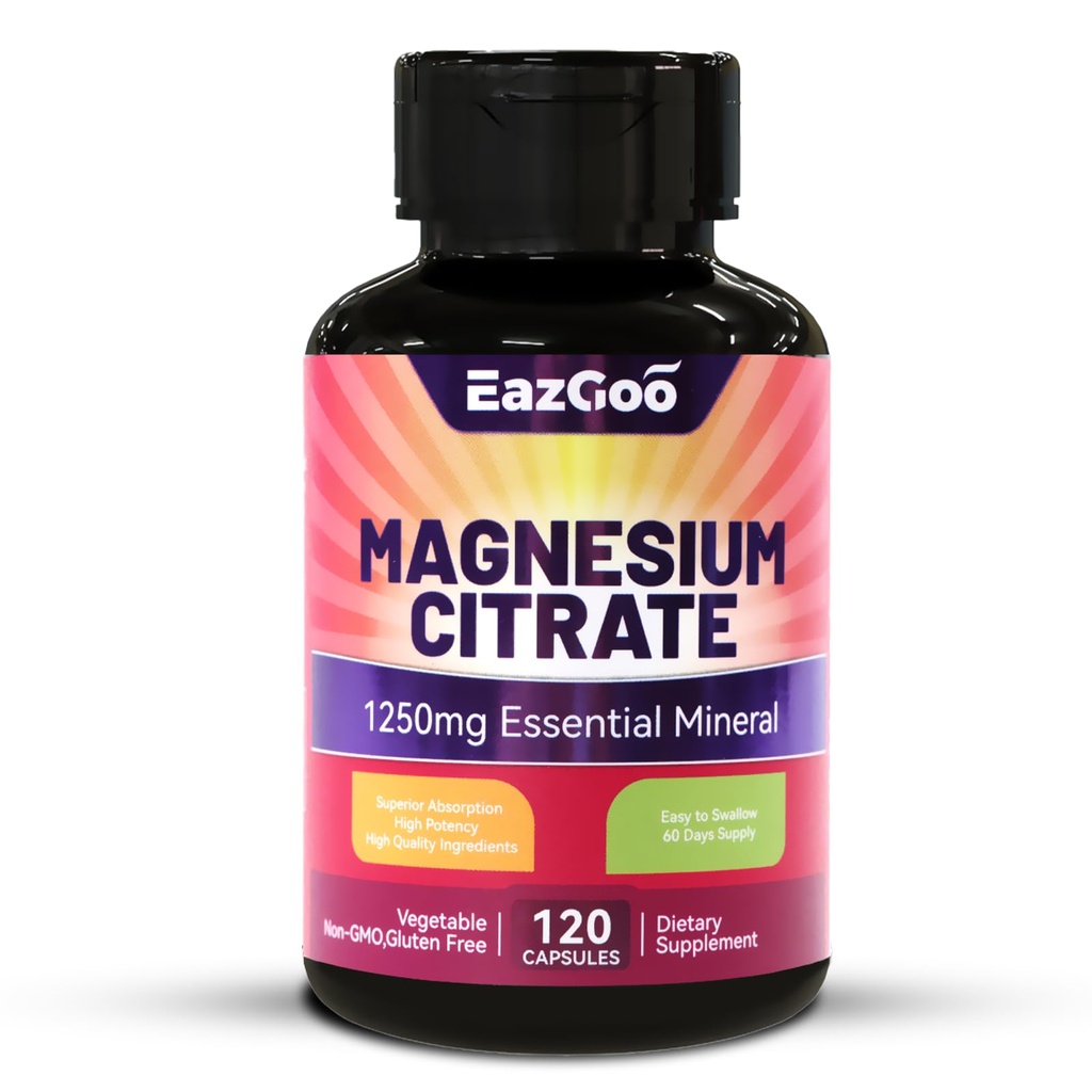 Magnesium Citrate Capsules 1250mg, High Absorption Magnesium Citrate Supplement with Elemental Magnesium, Extra Strength Magnesium Supplement, Non-GMO, Gluten-Free, 120 Vegetable Capsules