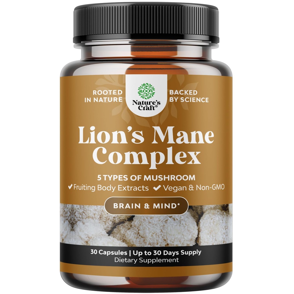 תוסף Mane Mushroom - Lions Mane תוספי קפסולות עם Reishi, Chaga, Maitake & Shiitake for Brain Health Memory Support & Focus - nootropic for Mental Clarity - 30 Caps Caps