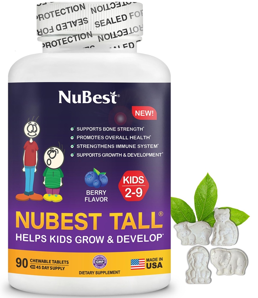 Nu Best Tall Kids - טוילרים ויטמינים ווויטמינים לילדים בגיל 2 עד 9 - תמיכה בעצמות העצם, בריאות כללית ואי-אמון - צורות בעלי חיים - 90 טבליות צ'אובל ברי | 6 שבועות אספקה
