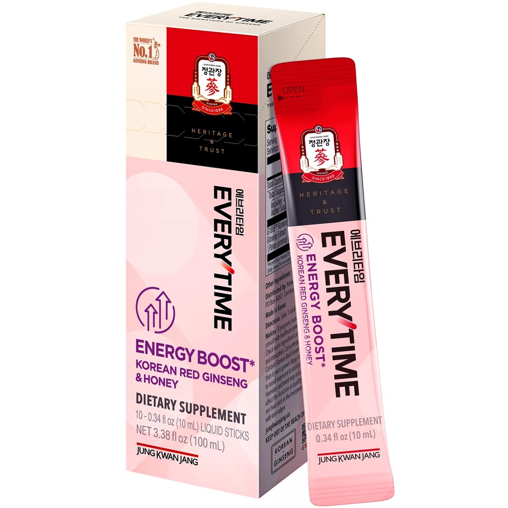 JUNG KWAN JANG Everytime Energy Boost קוריאה Red גינזנג לחלץ 1,000 מ"ג ודבש - ג'ינסנג אנרגיה משקאות נוזליים משקאות נוזליים נוזליים - בונה Sta & Immunity No Caffeine (10 מקלות, 0.34 floz)