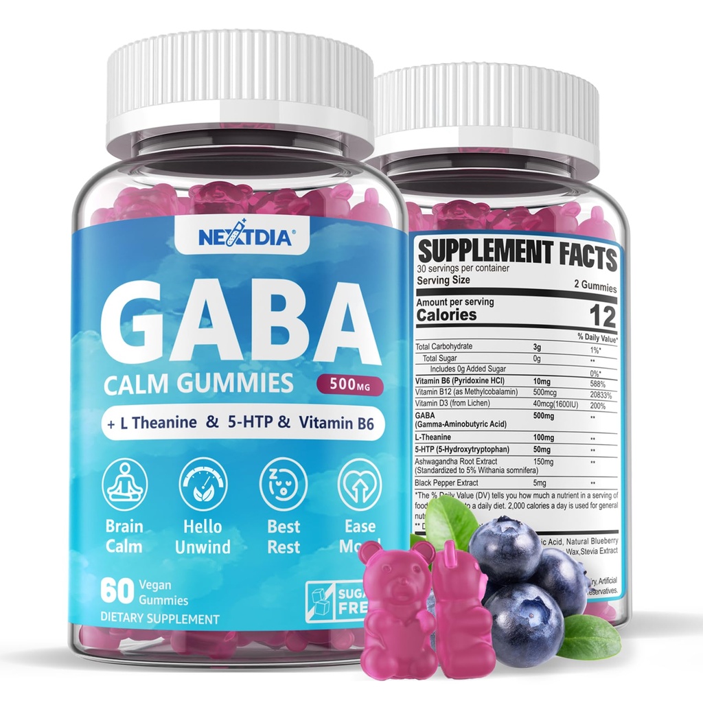 GABA Gummies 500 מ"ג - סוכר חינם Calm Gummies עם L Theanine, 5-HTP, ויטמין D3, B12, Ashwagandha, Melatonin-Free for Brain Calm, Mood, Zzz Better, GABA for Adult, Blueberry Flavor, 1Packackackackgandha, 1Packacktonin-Free for Brain Calm, Mood, Zzz Better, Zzz Better, GABA