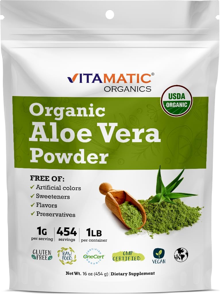 Vitamatic Certified USDA אורגני Aloe Vera אבקת - 1 lb (16 oz) תומך העור, העיכול, Detox & Immune בריאות | Non-GMO, Gluten-Free, כשר
