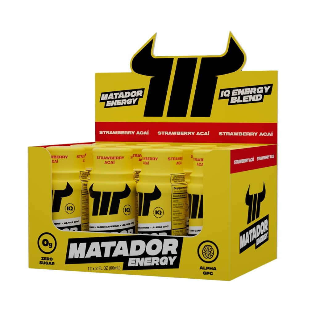 MATADOR אנרגיה יורה תוספת כוח מיני משקאות w / B מורכבים ויטמין (Vitamin B12-B9-B6-B3), Alpha GPC Nootropic IQ אנרגיה, קפה Bean לחלץ Caffeine Shots, 24 אנרגיה שותה Strawberry Acai