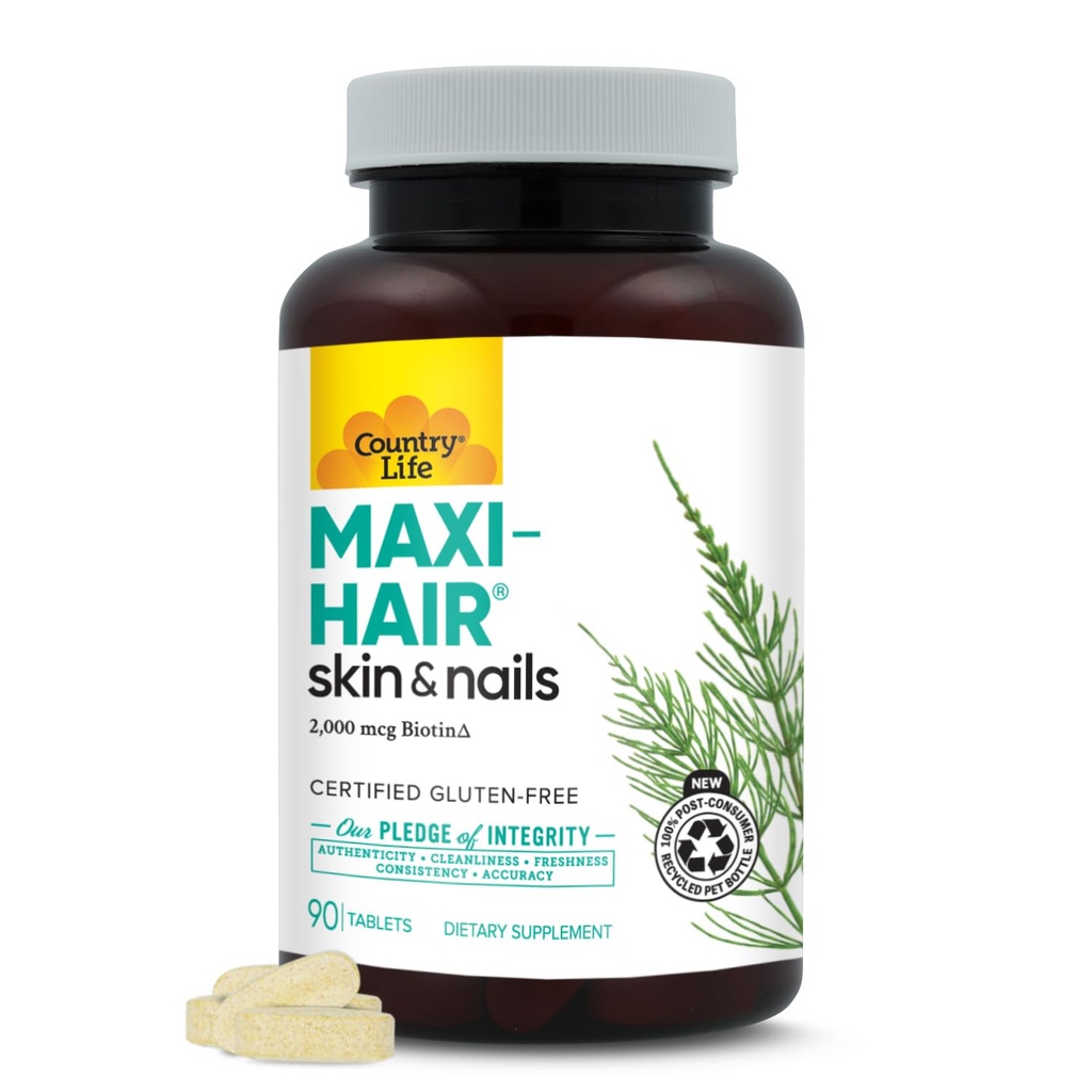 Country Life Maxi-Hair תוסף - 2000mcg Biotin & ויטמינים לשיער, Skin & Nails - מוסמך Gluten-Free & Vegetarian - תומך צמיחת שיער, 90 טבליות