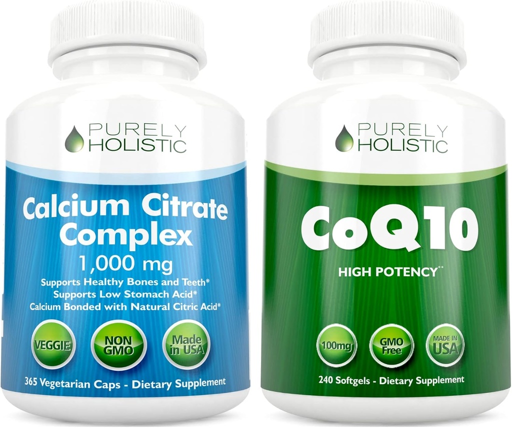 Calcium Citrate Complex 1000mg + CoQ10 100 מ"ג - 365 קפסולות טבעוניות + 240 Softgels Bundle - ללא ויטמין D - מיוצר בארה"ב