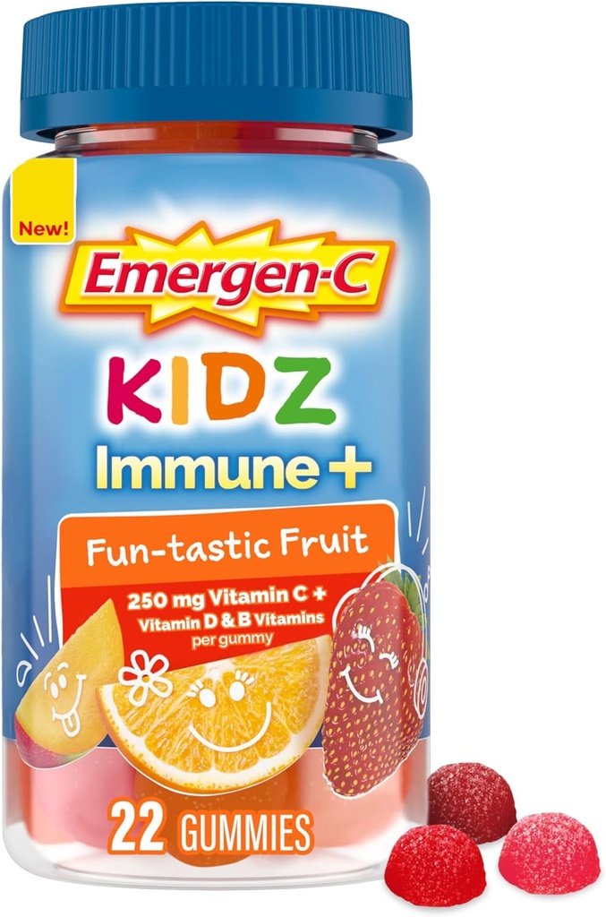 Emergen-C Kidz Immune+ Immune Support Dietary Supplements, Flavored Gummies with Vitamin C, B Vitamins and Vitamin D for Immune Support, Fun-Tastic Fruit Flavored Gummies - 22 Count