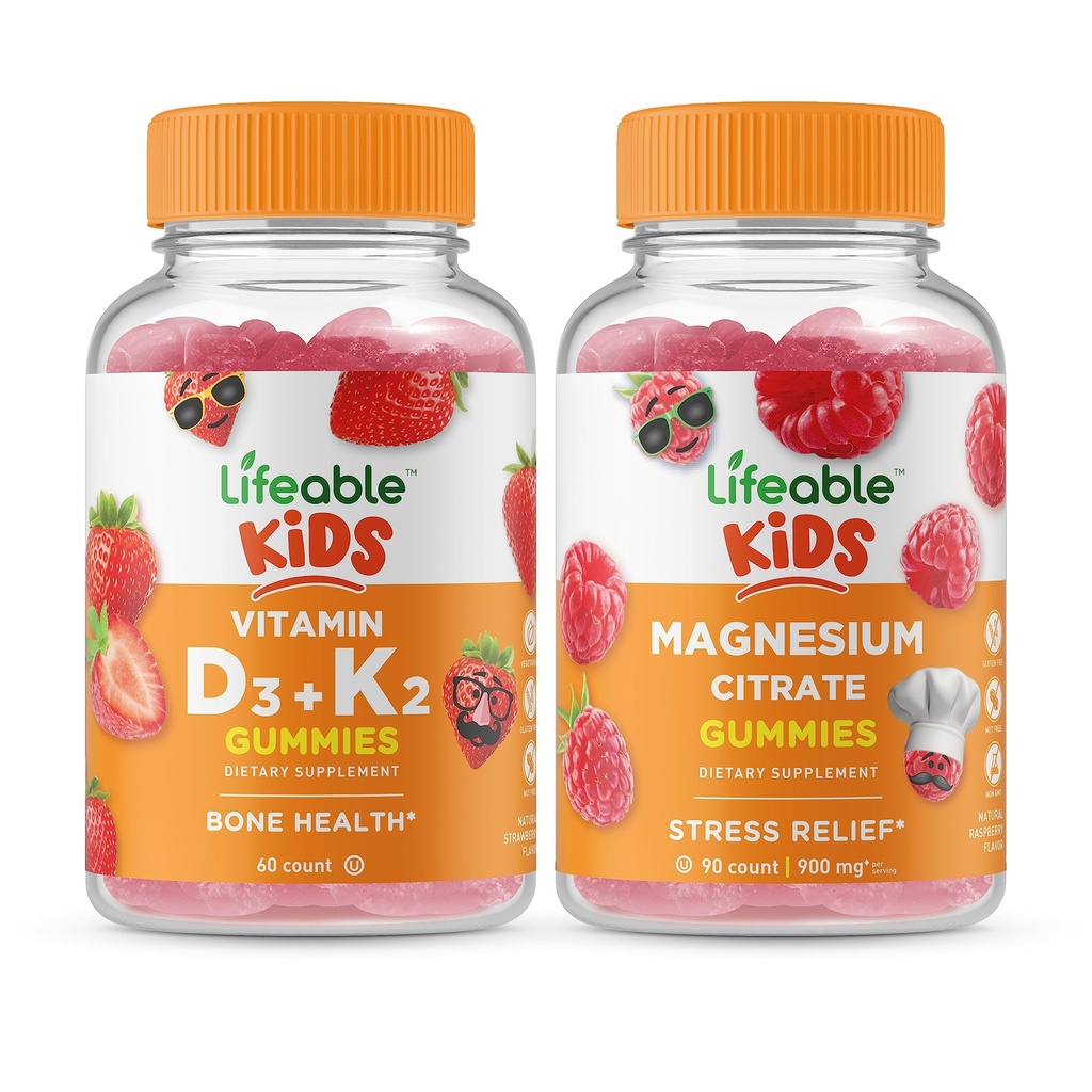 ויטמין D3 + ויטמין K2 ילדים + Magnesium ילדים, חניכיים Bundle - גדול Tasting, ויטמין תוסף, Gluten Free, GMO חינם, Chewable Gummy