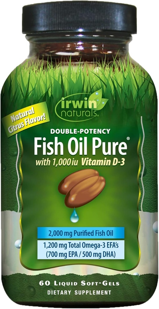 שמן דגים כפול-פונטי טהור על ידי Irwin Naturals, Citrus Flavor עם ויטמין D-3, 60 נוזל Soft-Gels