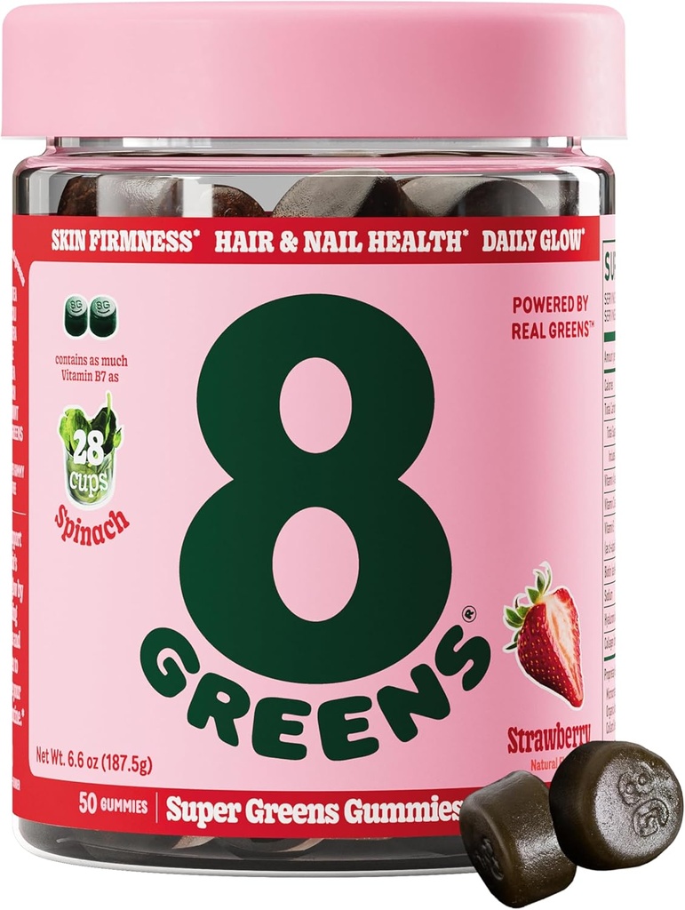 8 Greens Supergreens Beauty Gummies with Collagen & Biotin | Super Greens אבקת Superfood Gummy for Healthy Skin, Hair, Nails, Glow, and Firmness, Superfood Booster, Strawberry פלמורד, 50 הרוזן ספירה