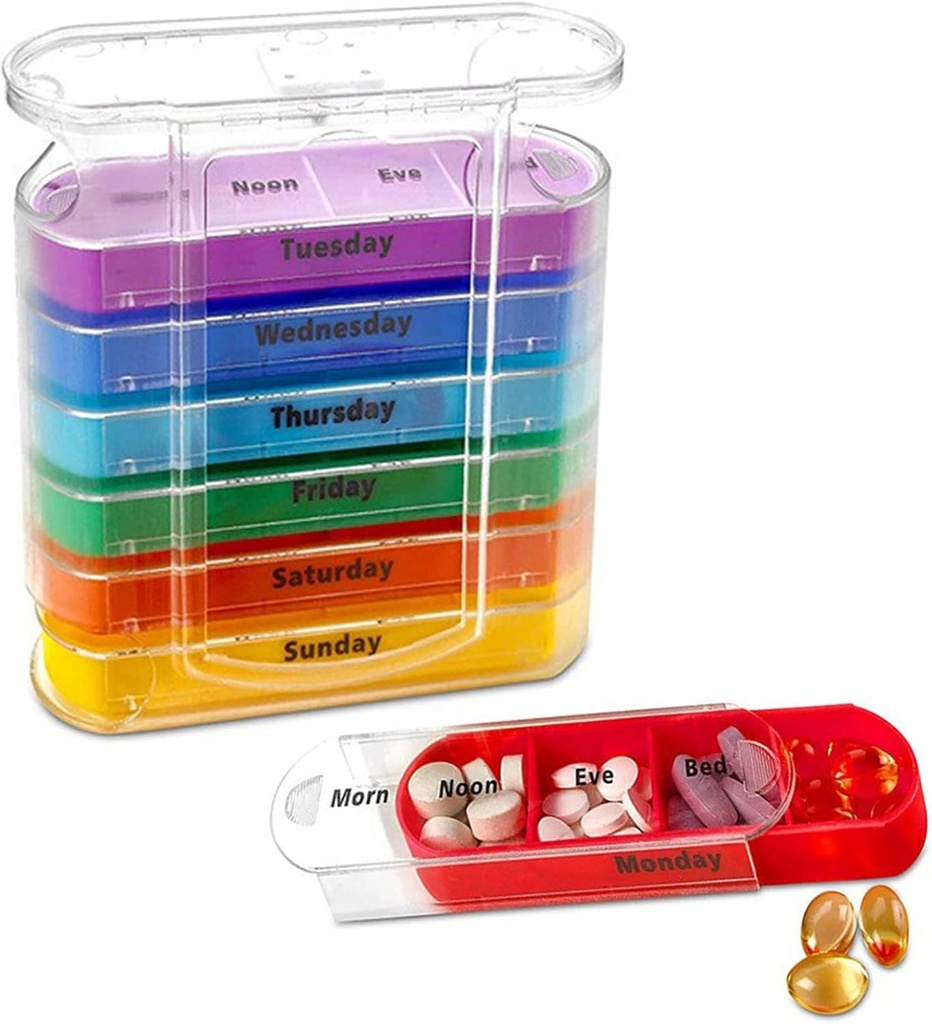 ABSOK Weekly Stackable Pill Organer, 4 Times A Day Pill Organer Box Morning, Noon, Evening, and Bedtime, 7 Stackable Compartments