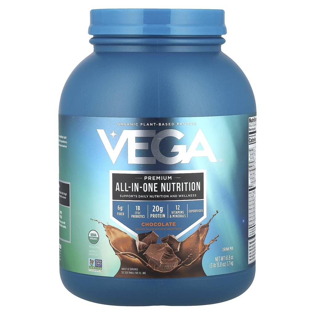 Vega All in One Nutrition Organic - 20g Plant-based Pea חלבונים, שוקולד, 42 משרתים, ויטמינים A & C, Probiotics, Greens, טבעוני, Keto, Gluten Free, 61.8oz (Packaging May Vary)
