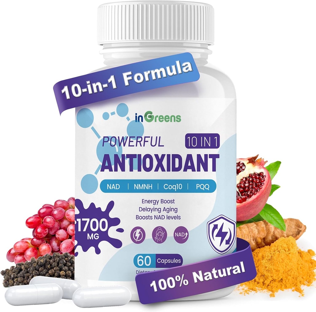 10in-1 Antioxidants תוסף, 1700MG Super Antioxidant for Women and Men, Powerful Antioxidants with NAD, NMNH,Coq10, Resveratrol, Cell Fix & Reduction Free Radical damage, 60 קפסולות