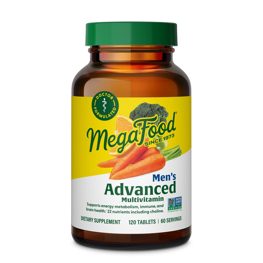 Mega Food Men's Advanced Multivitamin for Men - Doctor - Formulated - Choline, ויטמין B12, ויטמין D, ויטמין C & Zinc - Brain Health & Immune Support - Non-GMO - Vegetarian - 120 Tabs (60 משרתים)