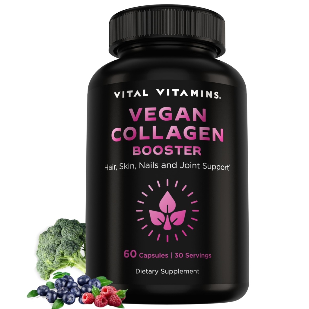 ויטמין Vitals Vegan Collagen Booster - עם Silica ו Hyaluronic Acid - תוספי קולאזן צמחי - תומך שיער, עור, ריחות ופרקים - 60 קפסולות