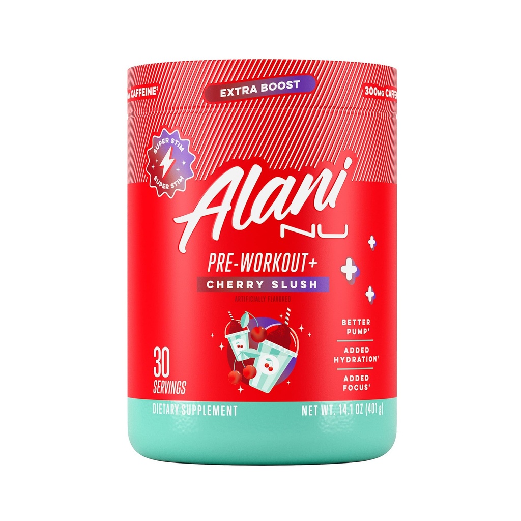 Alani Nu Pre Workout+ אבקת Cherry Slush, אקסטרה Boost, סוכר חינם, 300 מ"ג קפאין, L-theanine, Beta-Alanine, Citrulline, 30 משרתים