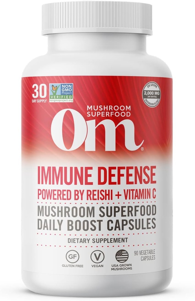 Om Mushroom Superfood Immune Defense Mushroom כמוסות Superfood, 90 Count, 30 ימים, Mushroom בלנדר, ריישי, טורקיה Tail, Maitake, Agaricus Blazei, ויטמין C, טבעוני