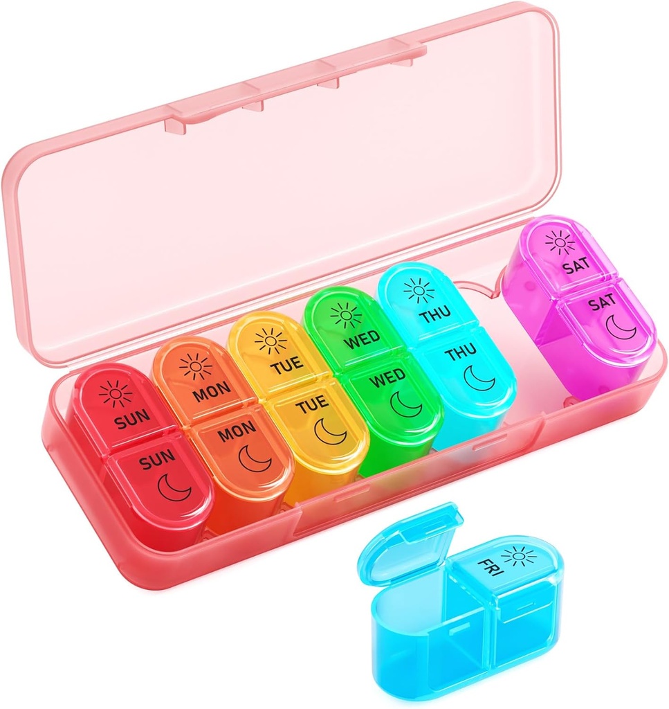 Betife Weekly Pill מארגנת 2 פעמים ביום, 7 Day Pill Box AM PM, Portable Travel Pill Case, Daily Pill Container Day and Night, Medicine מארגנת עבור תרופות, ויטמין או תוסף (Pink)