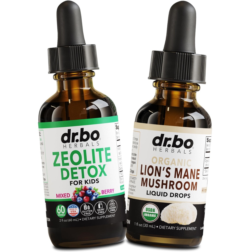 Zeolite Detox & Lions Mane Drops - Zeolite for Kids & Adults עם ויטמינים B12 & D, Clinoptilolite Gentle Body Daily Detox ניקויse - Organic Lion's Mane Mushroom טיפות עבור Focus, Fog, Brain, Brain, Brain