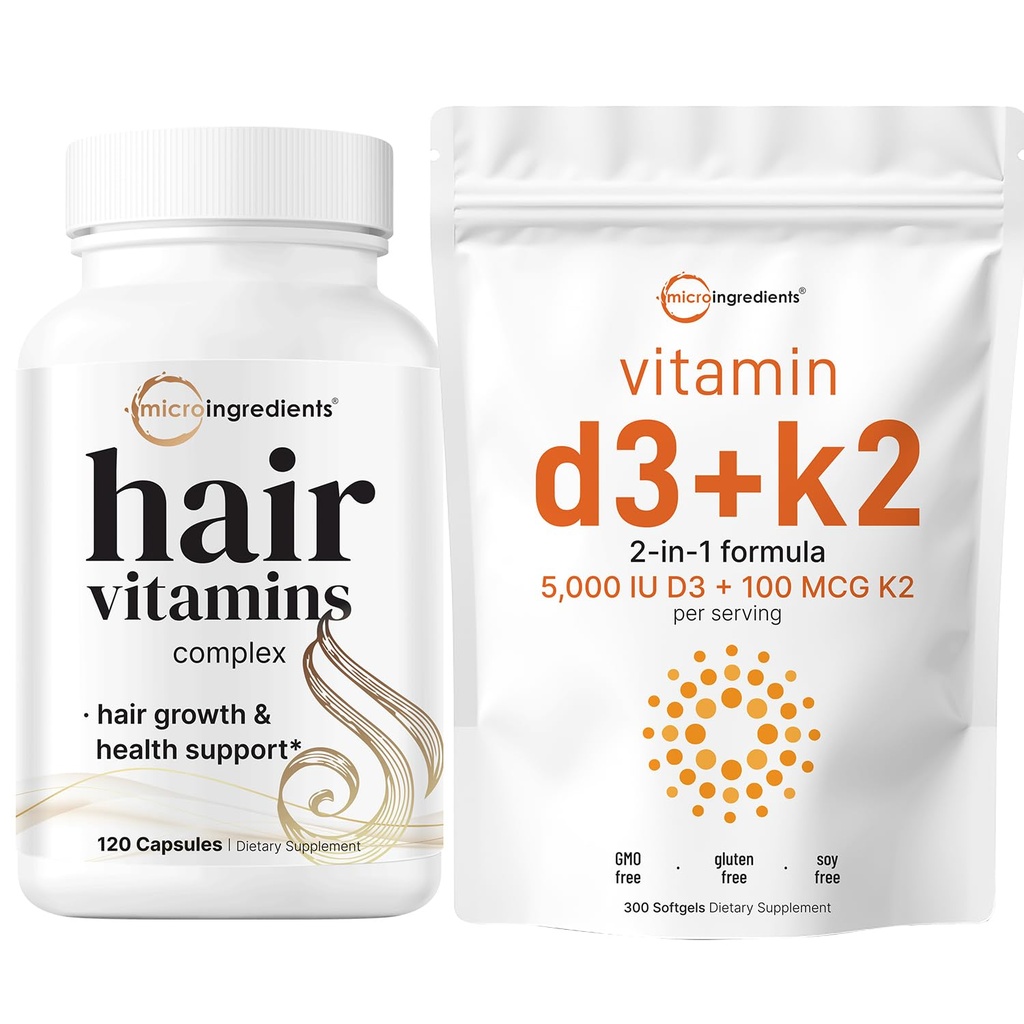 Micro Ingredients ויטמין D35,000יו + K2 100mcg Softgels & Hair ויטמיניםs Complex כמוסות Bundle 2 Pack | Essential Sunshine ויטמינים | 14-in-1 Advanced Hair growth Support