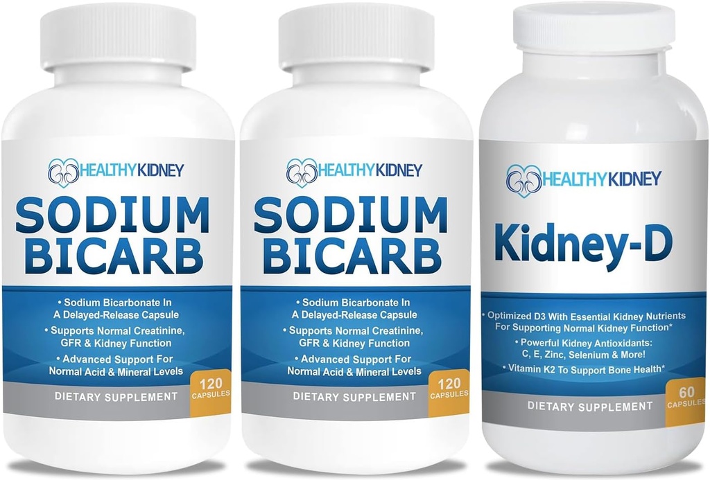 Sodium Bicarbonate 650 מ"ג קפסולות עבור סיוע Acid, Alkalinity 120 Pills 2Pack + Kidney-D Kidney תוסף. ויטמין D מותאם לתמיכה ב- Kidney.