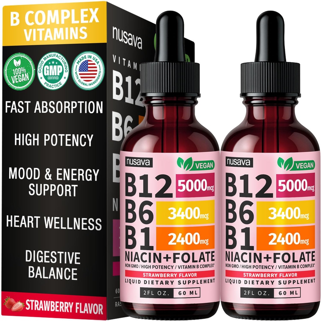 (2 Pack) ויטמין B12 ו- B6 טיפות נוזלים, B12 Sublingual ויטמין B Complex - B 12 ויטמין 5000mcg - B12 Methylcobalamin for Energy, Brain, and Heart Support with 27,200 mcg, Strawberry, 80 משרתים