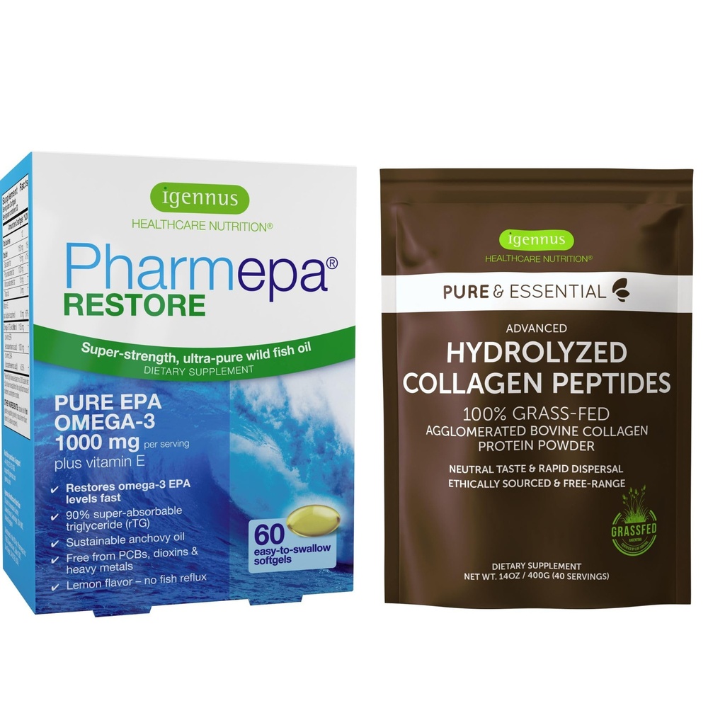 Pharm לשחזר ו Advanced Hydrolyzed Collagen Peptides Bundle, 1000 מ"ג טהור אומגה 3 שמן דגים 100% Grass פד Bovine Collagen חלבון אבקת, על ידי Igennusss