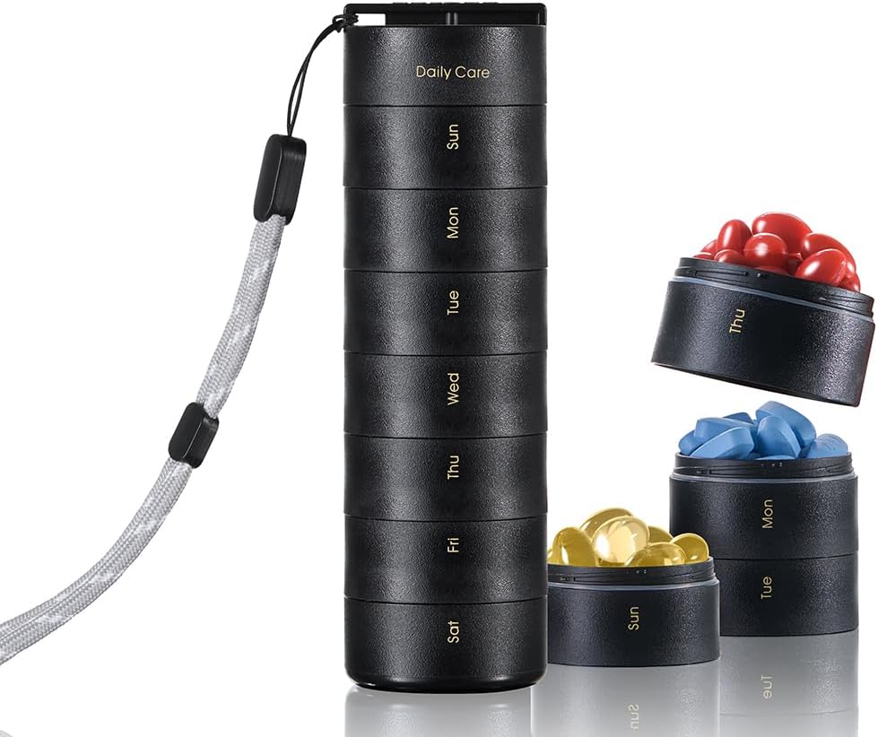 Ankomn Travel ויטמין ארגן - מארגן יומי עם Secure Twist Lid, Airtight & Light Weight for On-The-Go. Durable BPA-Free Materials, Great for Pills, תוספים ווויטמינים (Black)