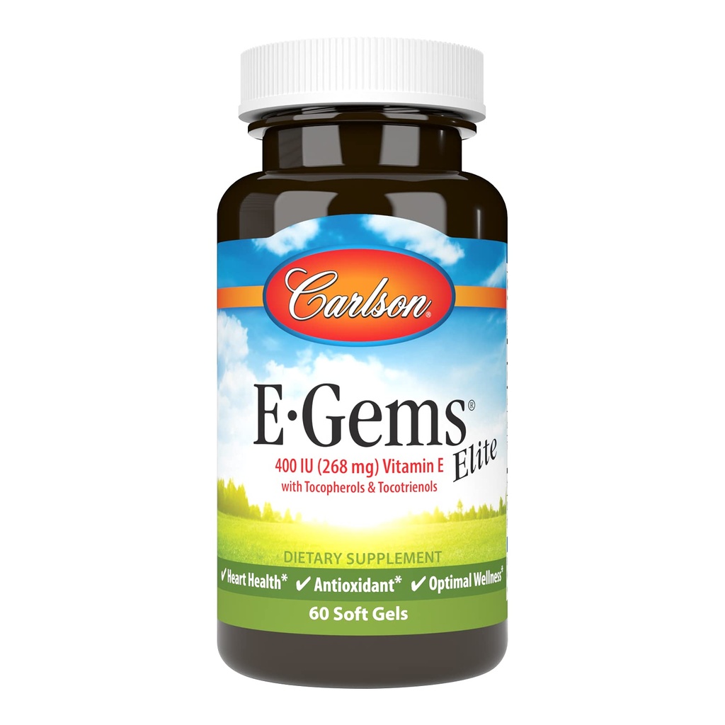 קרלסון - E-Gems Elite, 400 IU ויטמין E עם Tocopherols & Tocotrienols, Heart Health & Optimal, Antioxidant, 60 ג'לים רכים