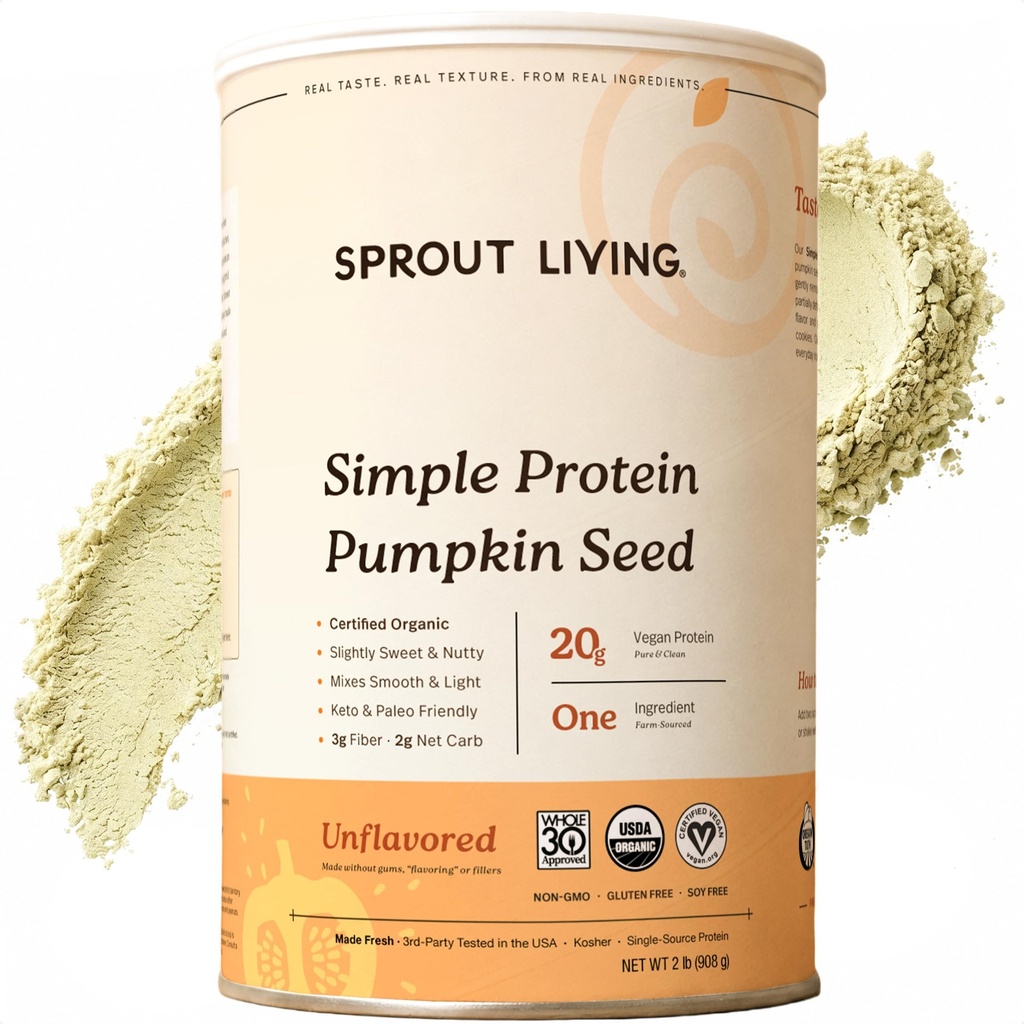 Sprout Living Organic Pumpkin Seed חלבון אבקת, Unflavored, 20 גרמות של אבקת חלבון צמחי מבוסס ללא ממתקים מלאכותיים, ללא חלב, non-GMO, טבעוני, Gluten חינם (1 פאונד, 30 משרתות)