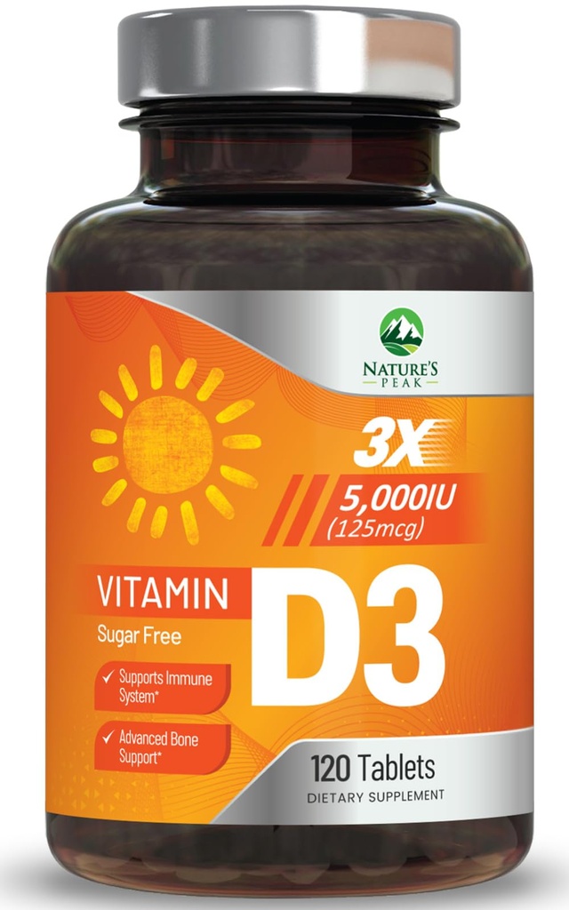 ויטמין D3 5000iu (125 mcg) Immune Health Support - תוסף עתיר ויטמין D Dietary עבור העצם, שיניים, שרירים - Nature's VIT D, טבעוני, Gluten Free, Raspberry Flavor - 120 טבליות Chewable