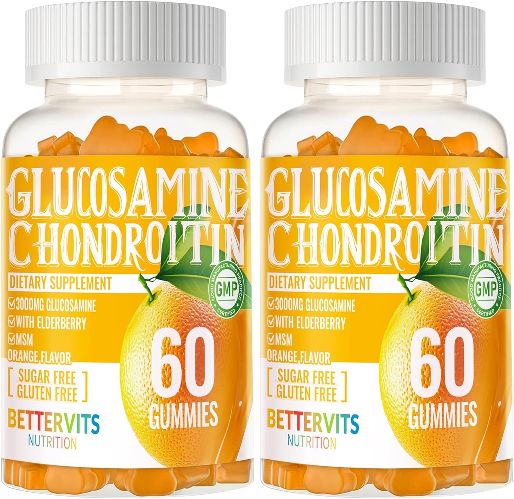 Glucosamine Chondroitin Gummies עם MSM & Elderberry תוספת כוח - תמיכה משותפת, Antioxidant Immune תמיכה תוסף למבוגרים, גברים ונשים 120 חניכיים כתום