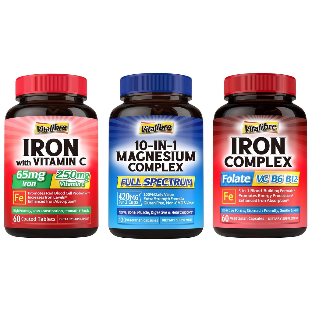 10 ב 1 Magnesium Complex & Iron תוסף, 65mg Carbonyl Iron עם 250 מ"ג ויטמין C & 5 ב 1 Iron Complex