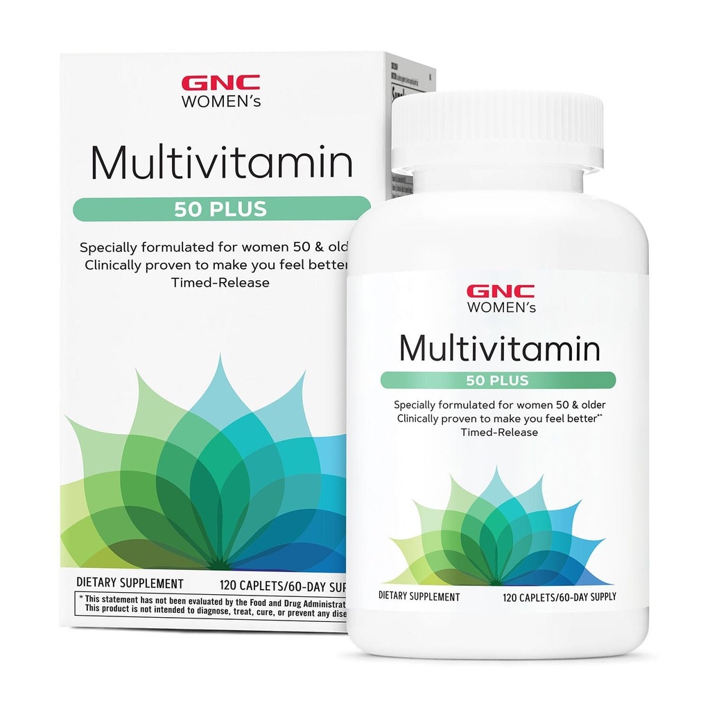 GNC Women’s 50 Plus Multivitamin Caplets, Clinically Proven to Feel Better, Vitamin D-3, Immune, Strong Bones, Memory, Mental Sharpness, Vision, Biotin, Timed Release, 120 ct, 60 svgs