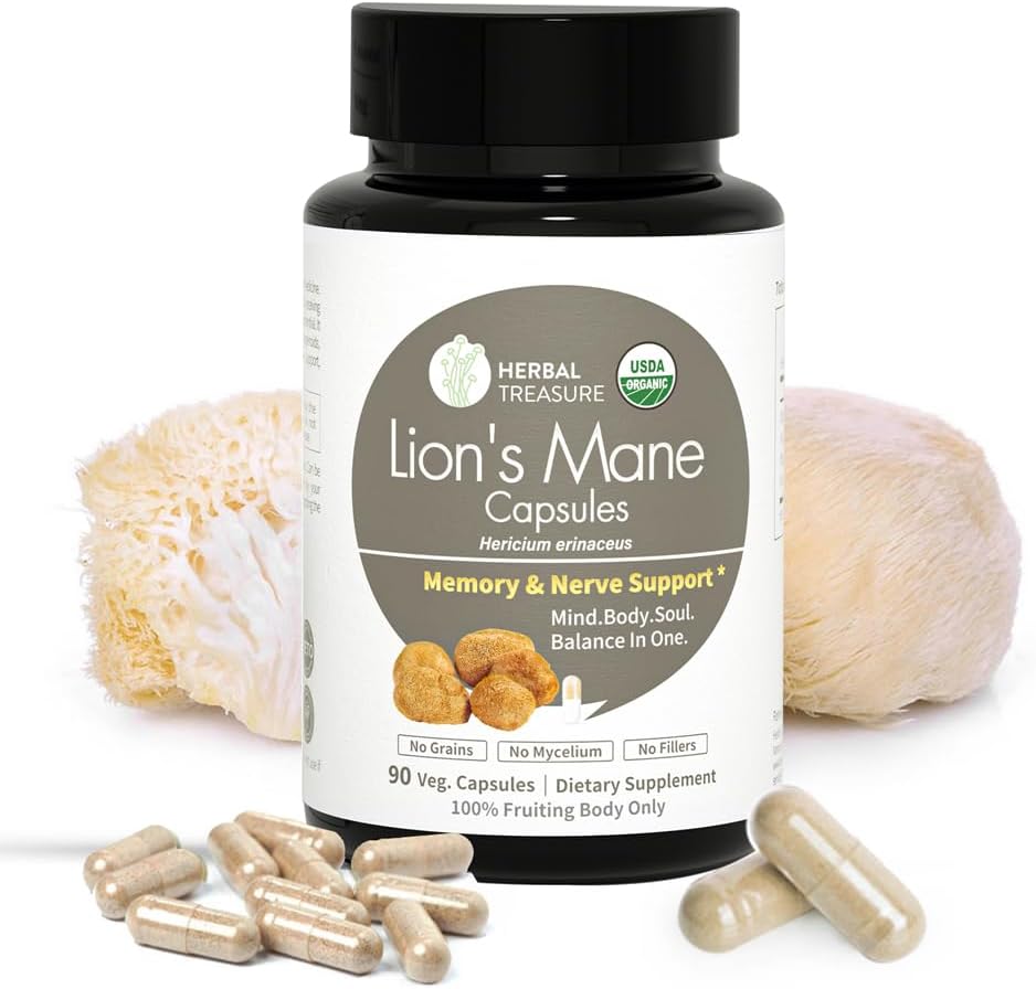 Herbal Treasure Lions Mane תוספי קפסולות, המיוצר עם אבקת אריות אורגניות מאן עבור בהירות נפשית ו- Focus תוספי מזון, 800mg Lions Mane אבקת אורגני Mushroom 90 Caps